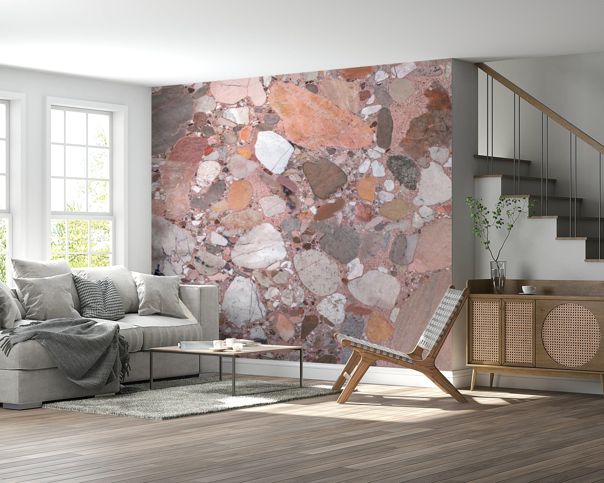 Gorgeous Rose Blush Terrazzo Tile mural scattered beige white brown elements background.