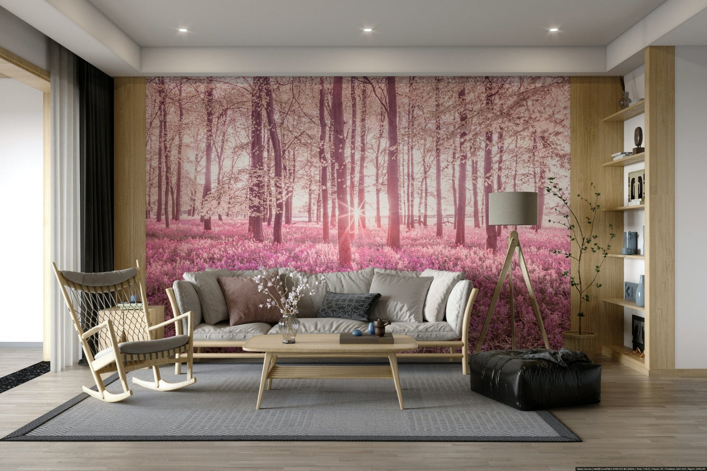 The image shows a tranquil woods with trees and soft light filtering through.


