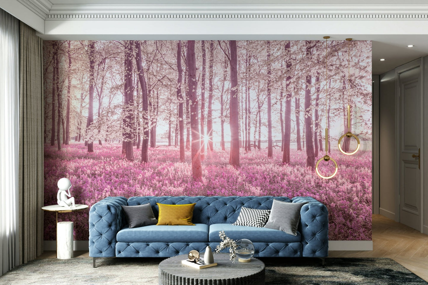 The wallpaper is applied seamlessly, making the view feel realistic.

