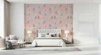 Elegant Bird Wallpaper with a repeating pattern of "rosebirds" and delicate rose blossoms.