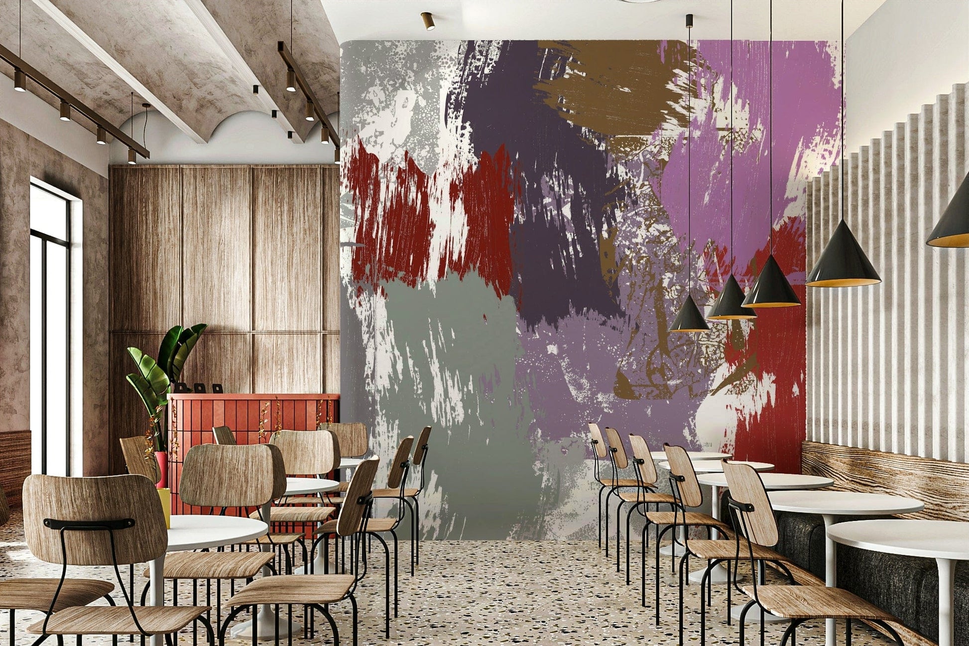 A peaceful rose garden mural on decorative wallpaper.

