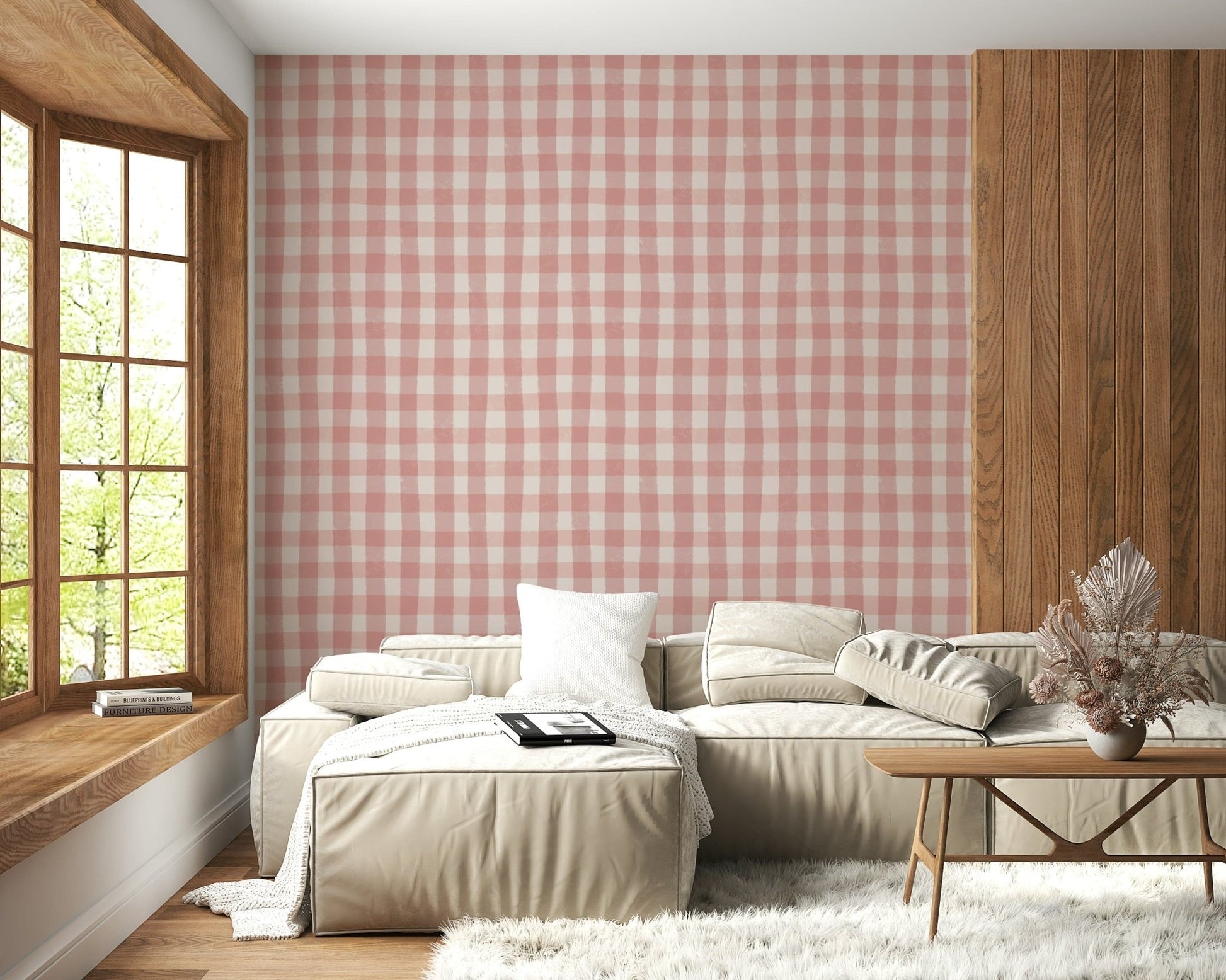 Subtle rose-toned gingham wallpaper mural with a timeless grid layout.