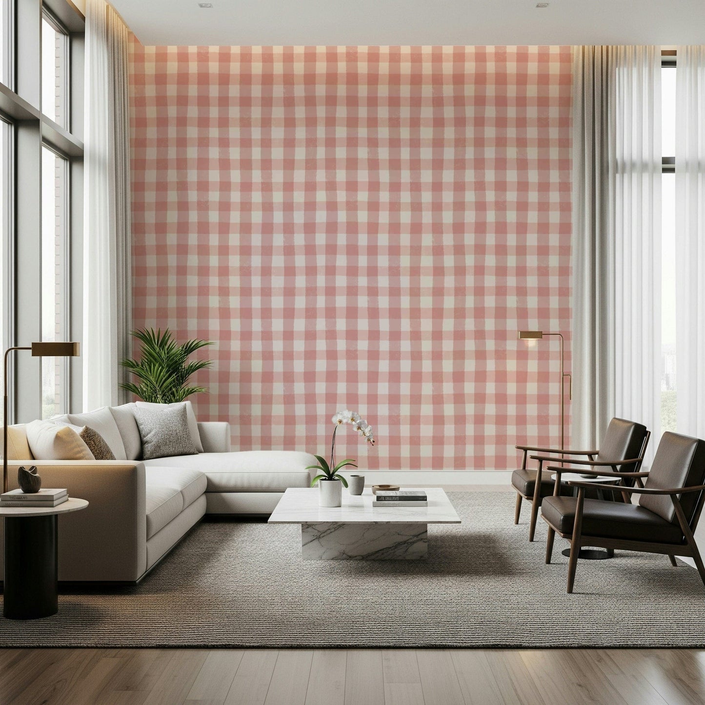 Light pink gingham wallpaper mural with a delicate, vintage-inspired grid design.