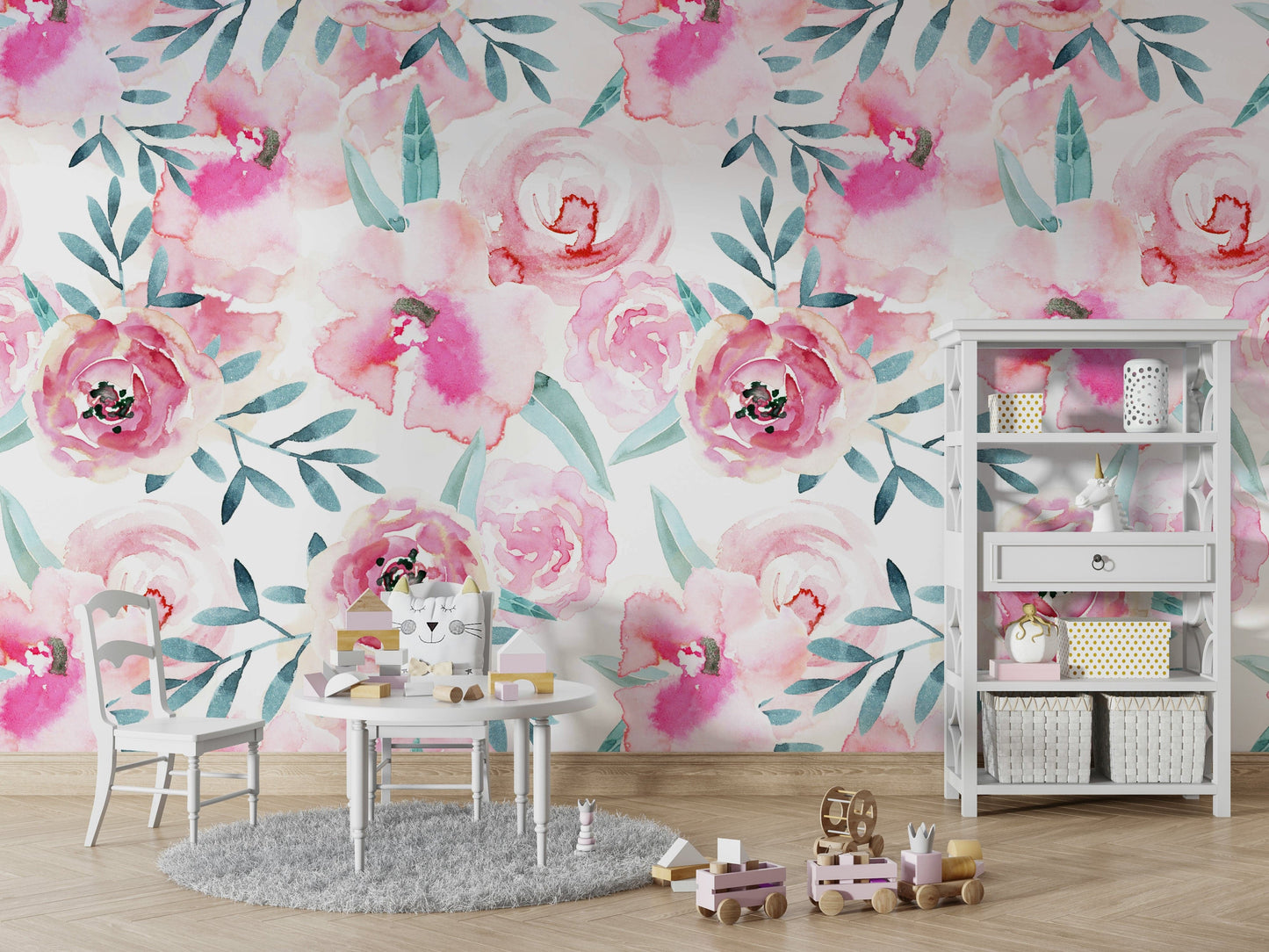 The mural shows a large-scale floral scene.

