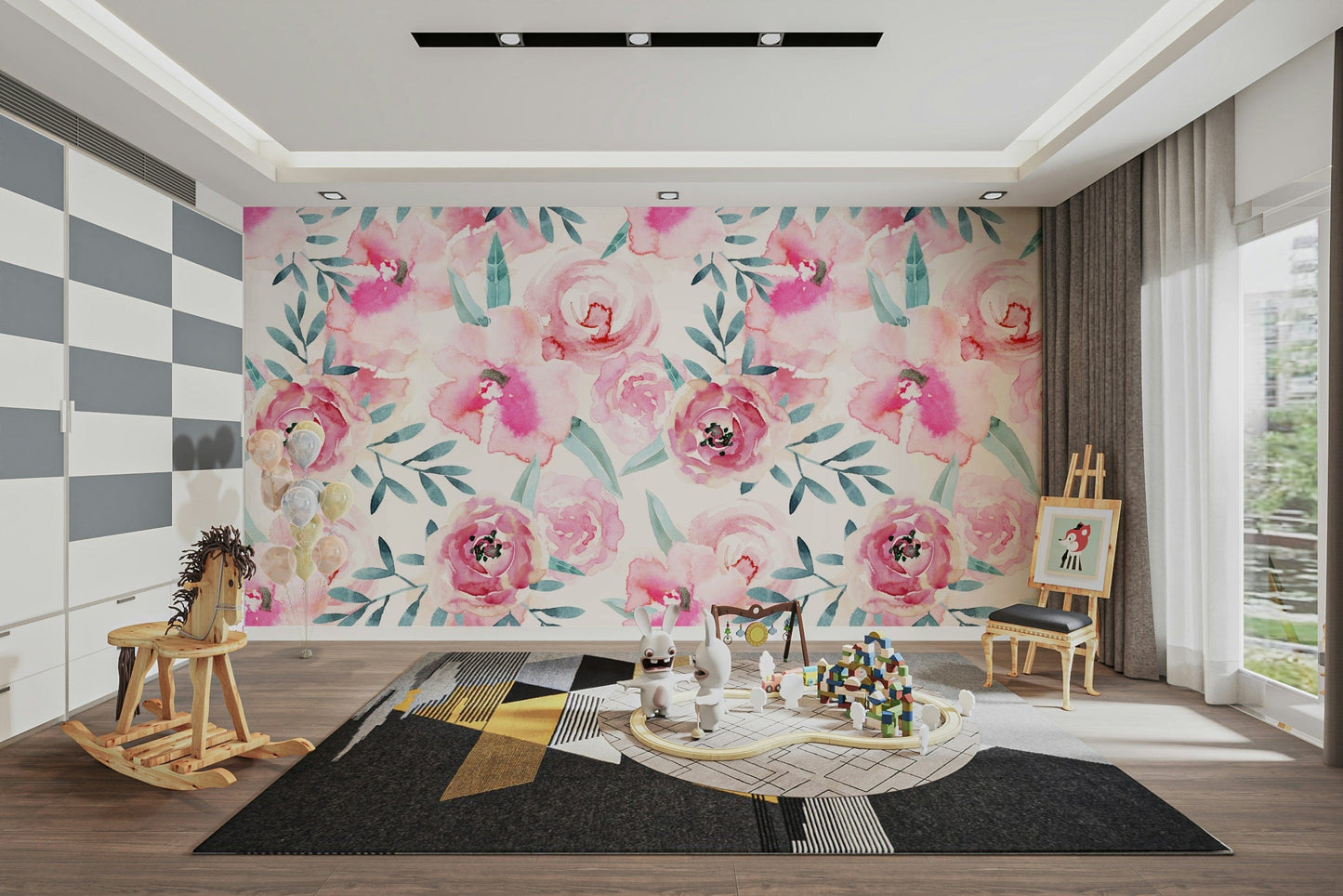 Wall mural with rosy watercolor blooms.

