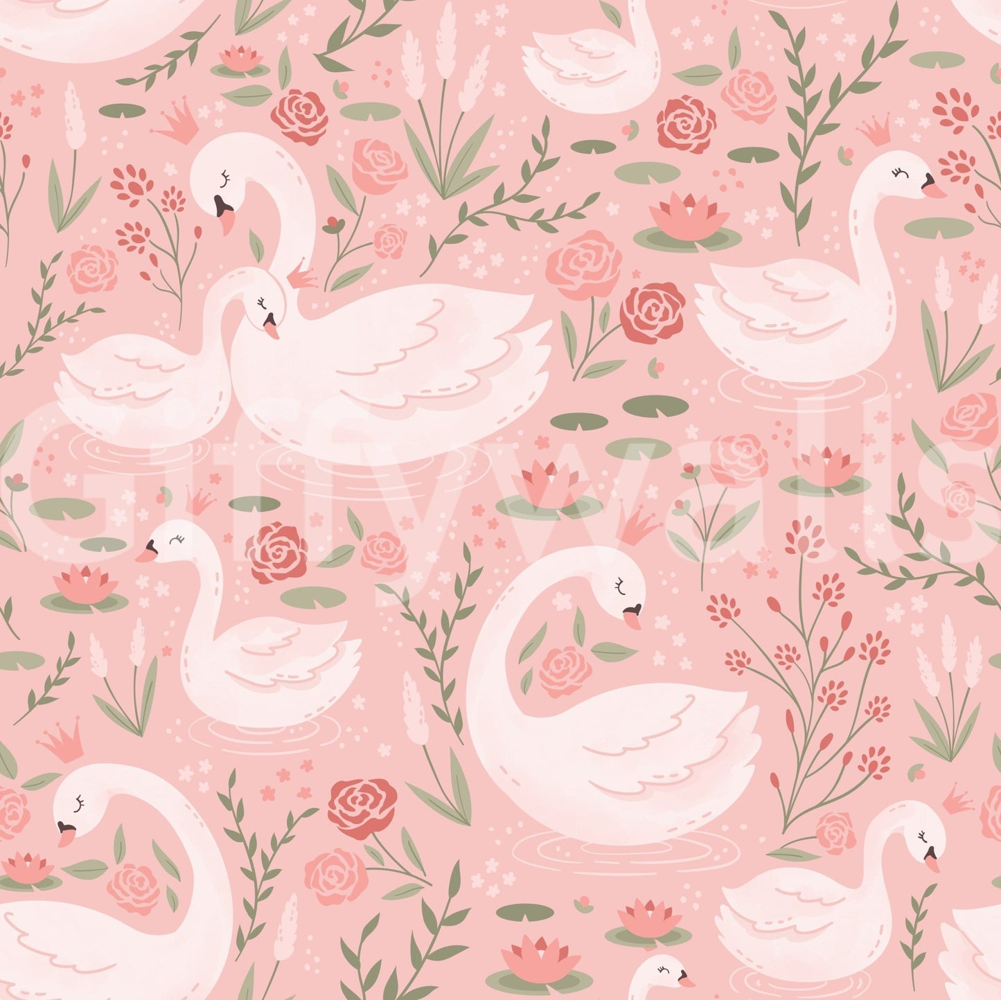 Artistic swan pattern with warm pink tones and gentle floral accents.