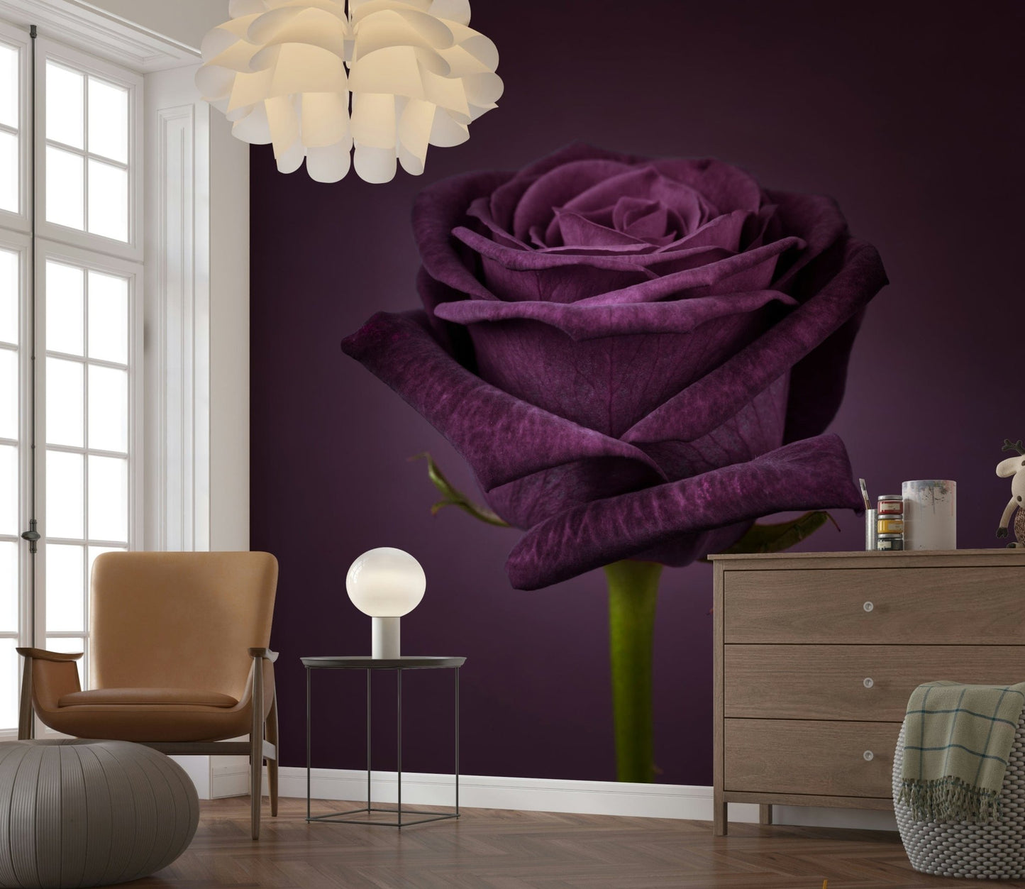 Large scale damask mural in a primary bedroom with modern apartment styling.