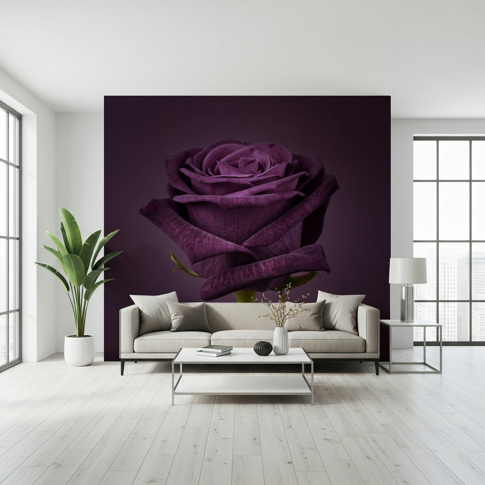 Professional office space with a sophisticated regal wall mural and dark wood desk.