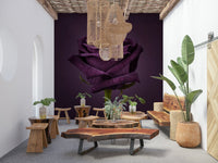 Modern hallway styling using a grand ornamental mural in neutral colors.