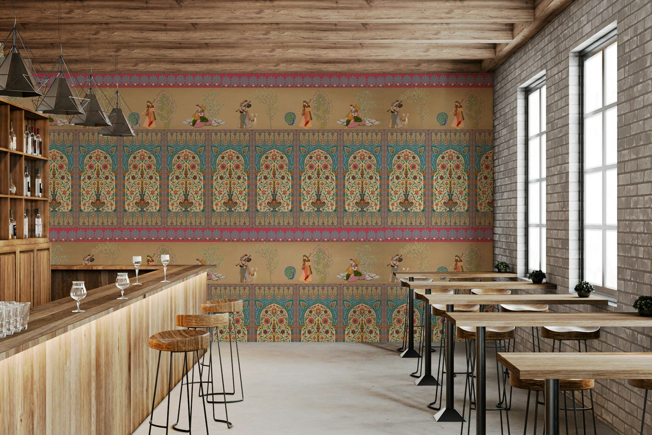 Master bedroom featuring a classical scene wallpaper for a sophisticated look.