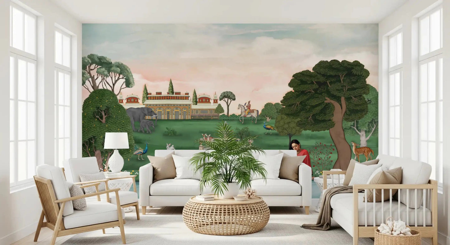 Royal Garden Serenity wall mural placed in living room interior