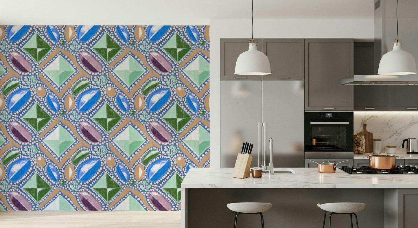 Elegant Pastel Blue Gemstone Wallpaper – Decorative mural combining soft pastel blues with sparkling gemstone-inspired details.