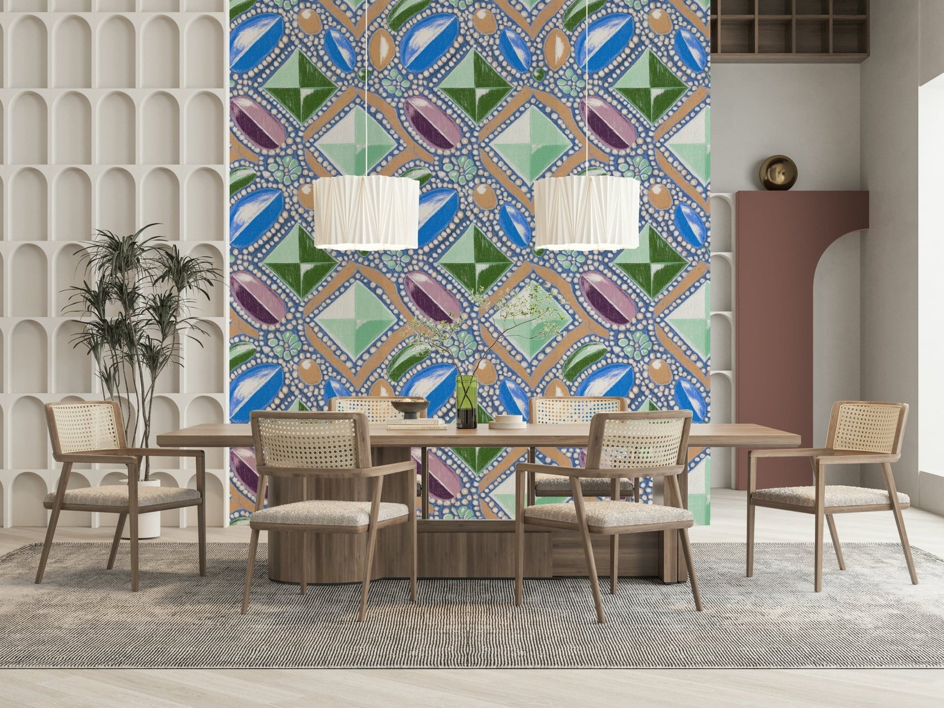 Pastel Blue Gemstone Wall Mural – Decorative mural showcasing faceted gemstone shapes in soothing blue tones.