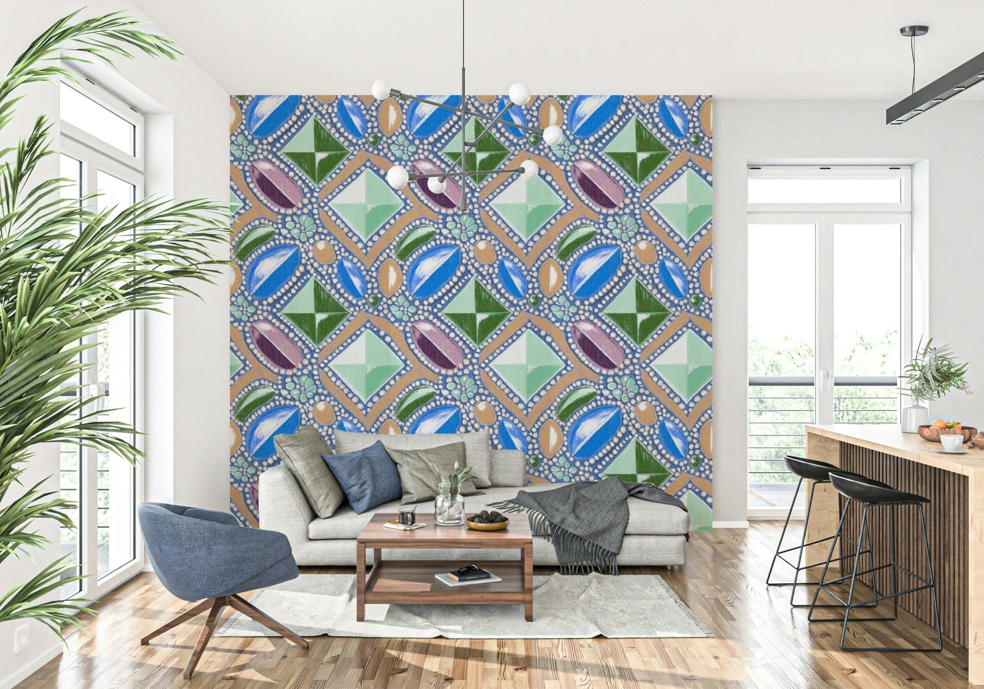 Blue Gemstone Pattern Wallpaper – Soft, pastel-inspired wallpaper with jewel-like textures and refined geometric patterns.