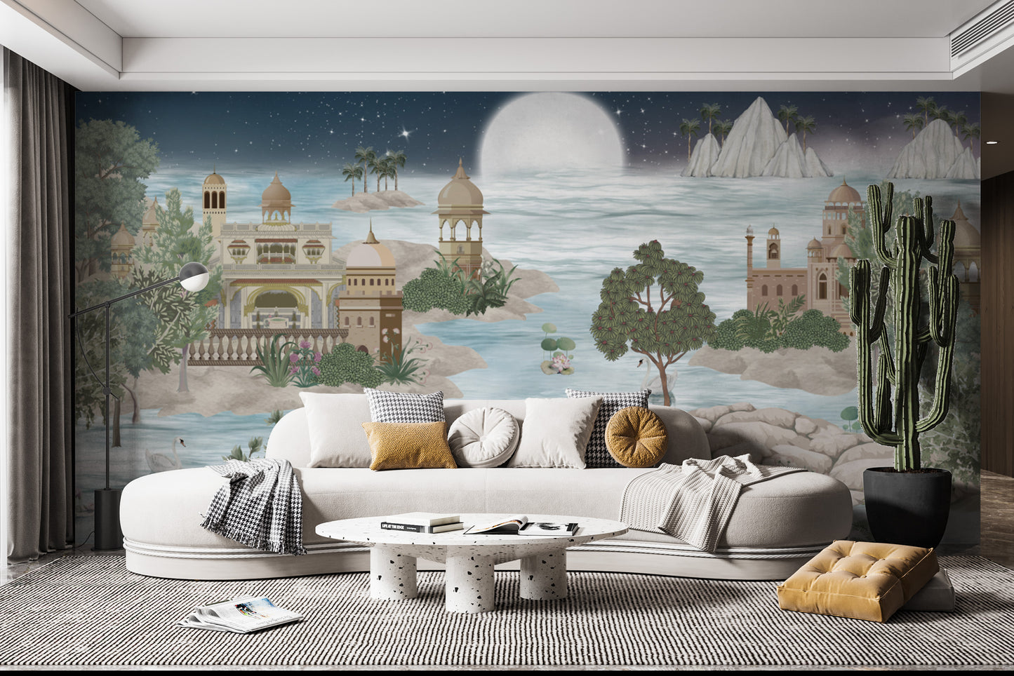 Starry night landscape mural with serene lake view
