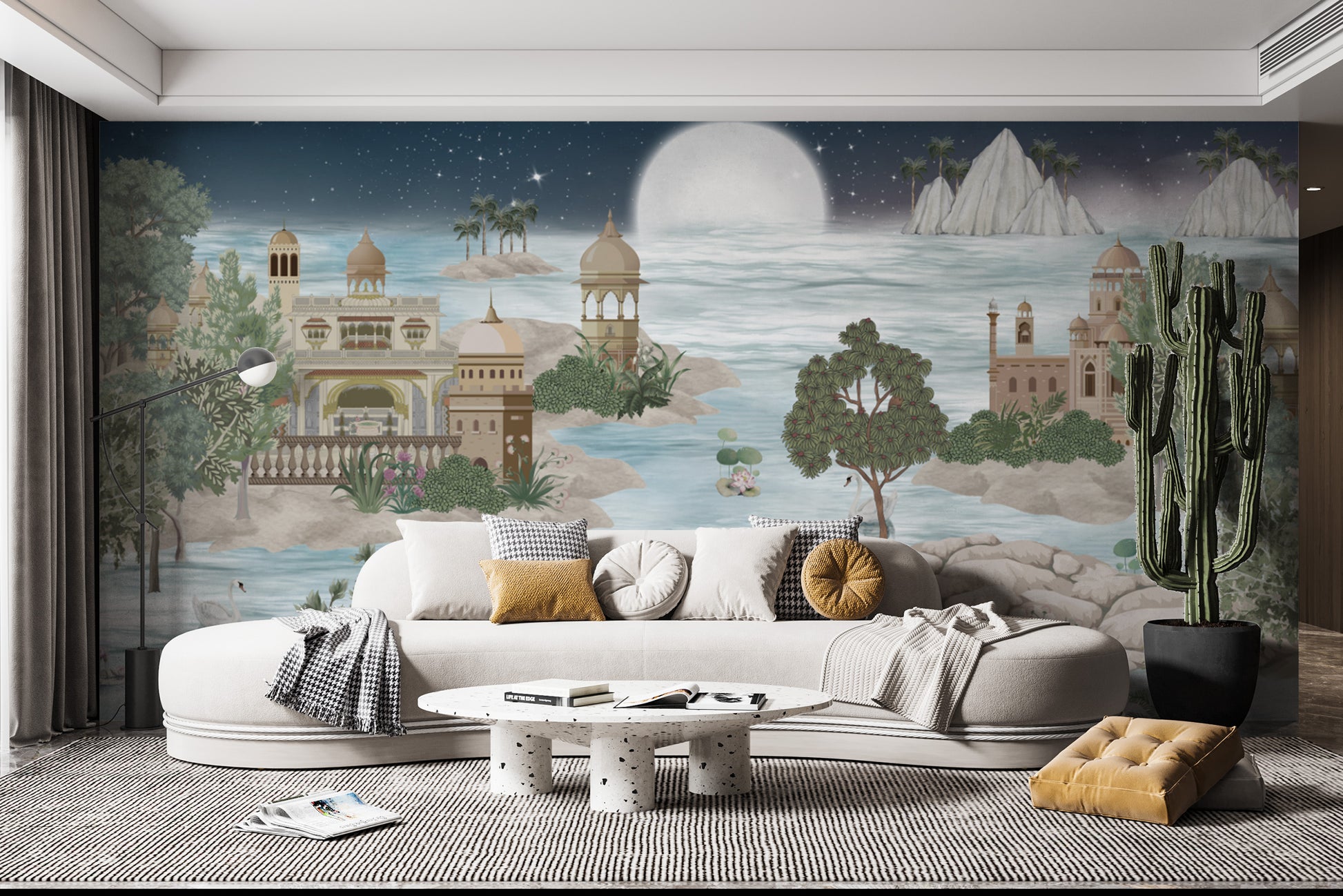 Starry night landscape mural with serene lake view
