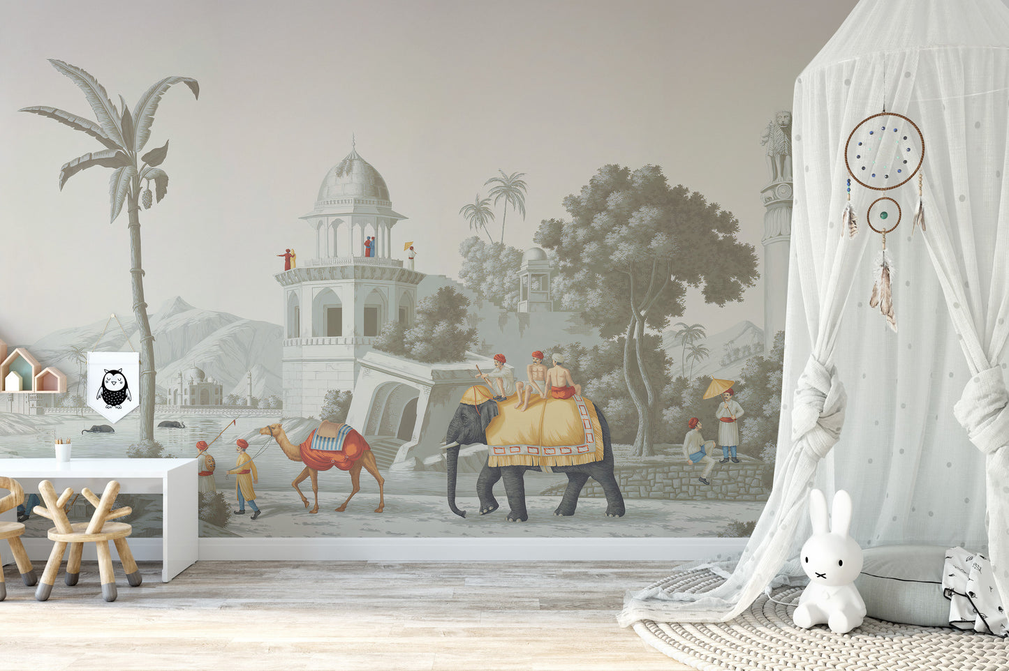 Royal Mughal on Elephant in the Forest wallpaper mural styled along a hallway feature wall near a console