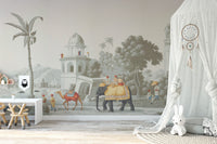 Royal Mughal on Elephant in the Forest wallpaper mural styled along a hallway feature wall near a console