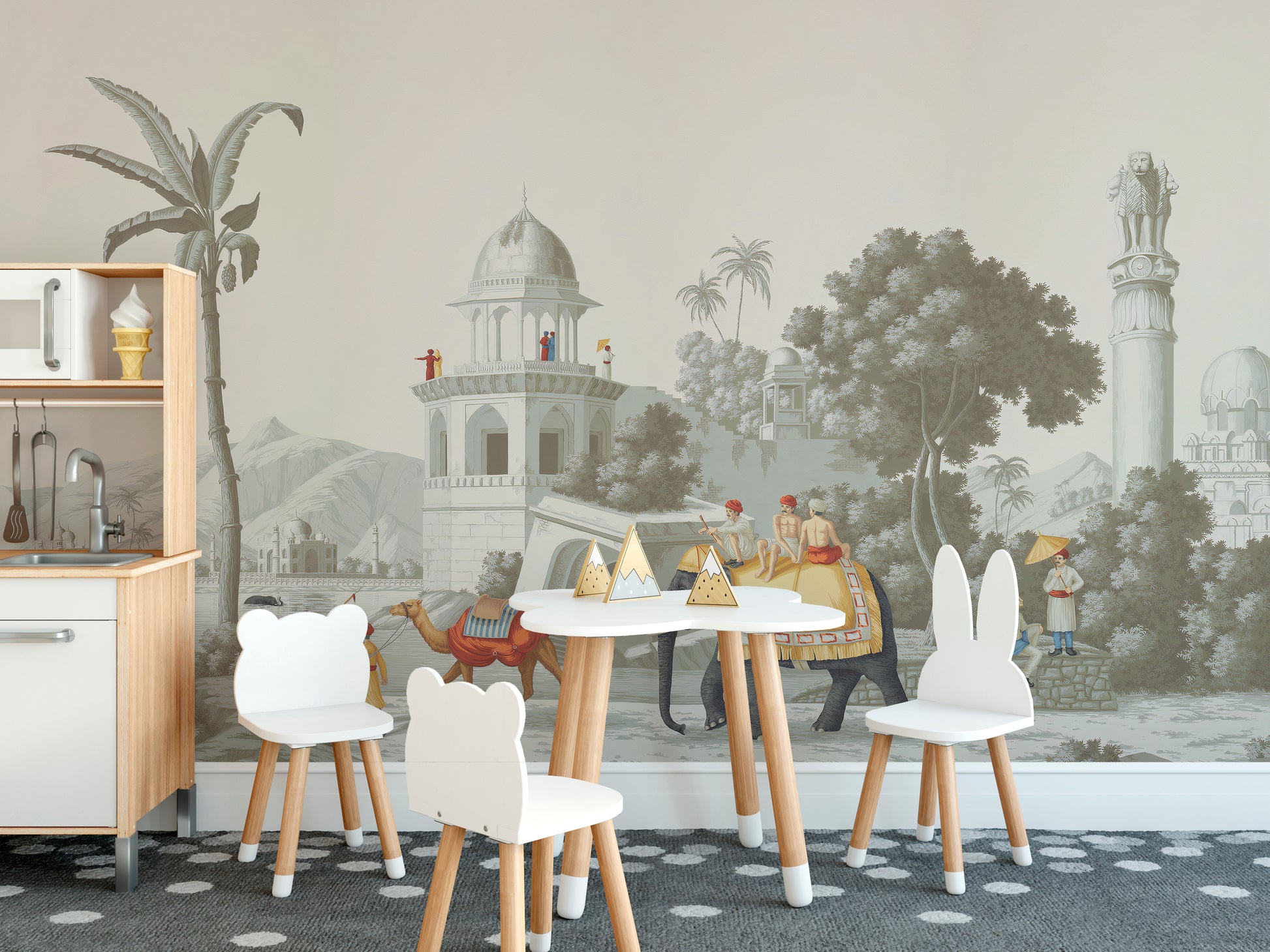 Royal Mughal on Elephant in the Forest wallpaper mural as a feature wall in a home office workspace in a multicolour palette