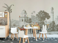 Royal Mughal on Elephant in the Forest wallpaper mural as a feature wall in a home office workspace in a multicolour palette