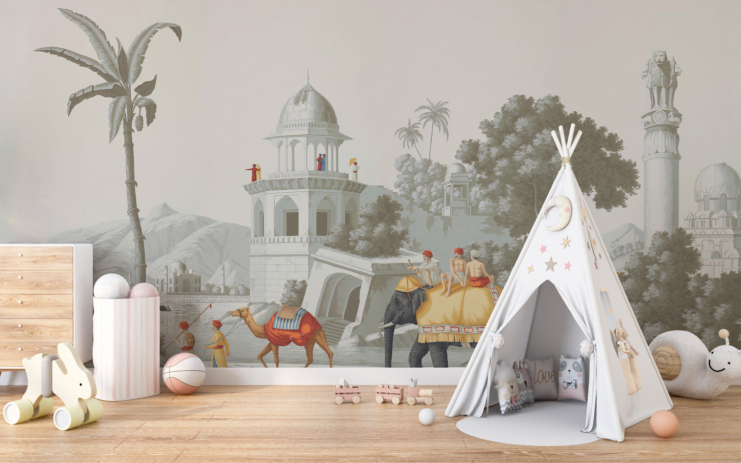 Royal Mughal on Elephant in the Forest wallpaper mural styled as a feature wall behind a dining table and chairs