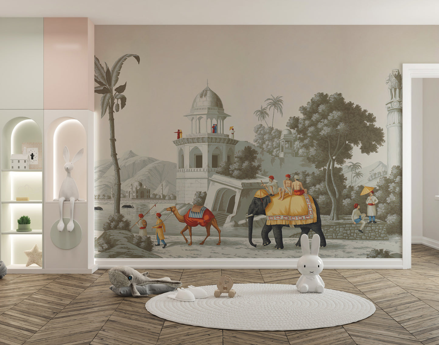 Royal Mughal on Elephant in the Forest wallpaper mural as a bedroom feature wall behind the headboard