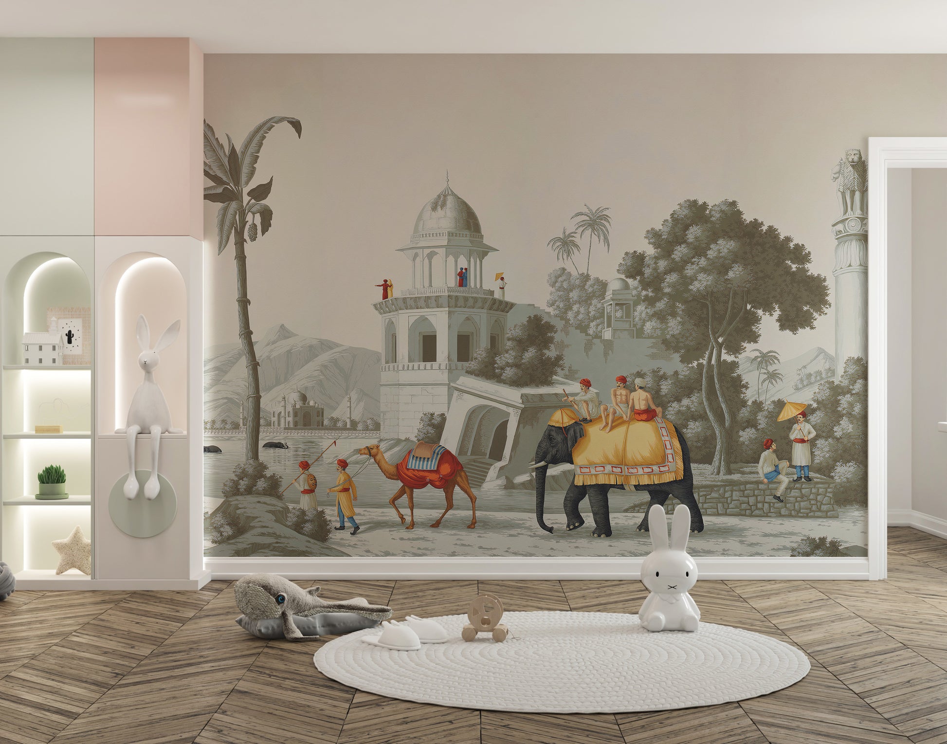 Royal Mughal on Elephant in the Forest wallpaper mural as a bedroom feature wall behind the headboard