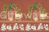 Accent wall mural in reading corner, traditional pichwai pattern with floral details, calm modern space