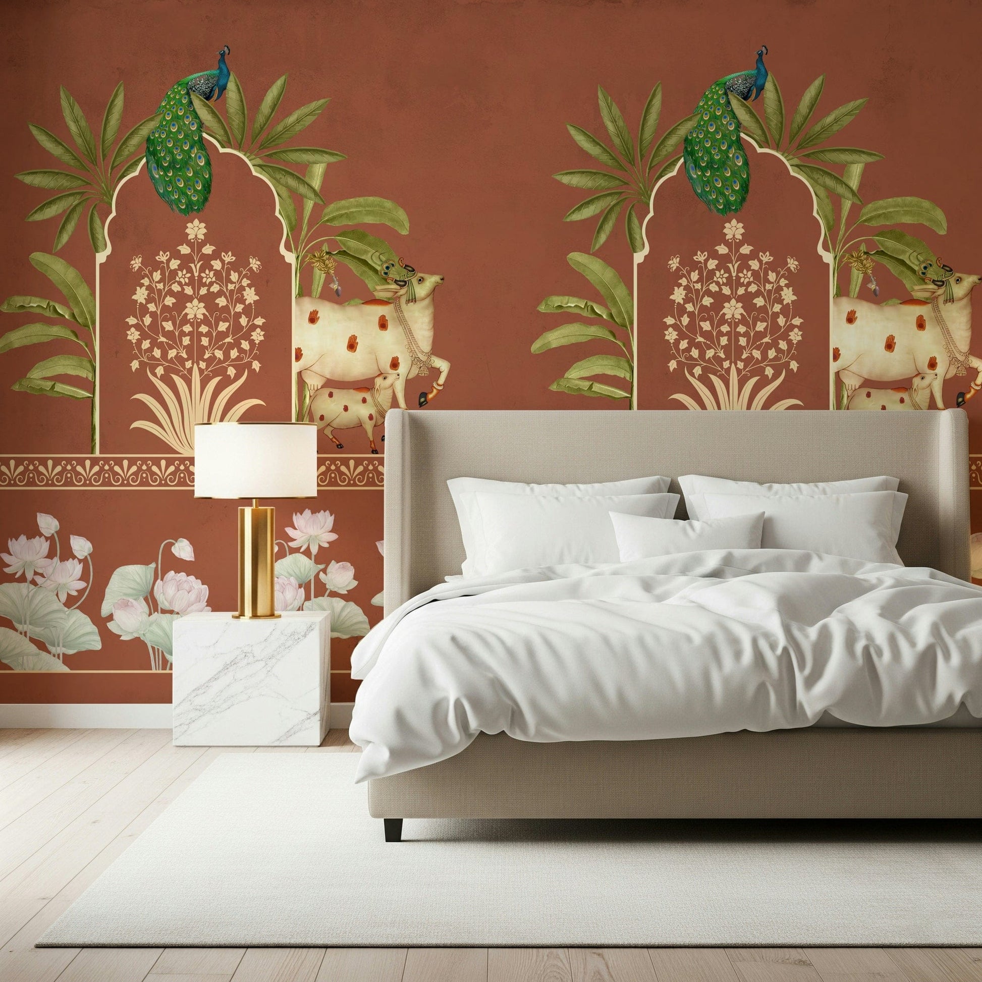 Bedroom mural behind headboard, ornate heritage artwork in blue, cream, and gold accents