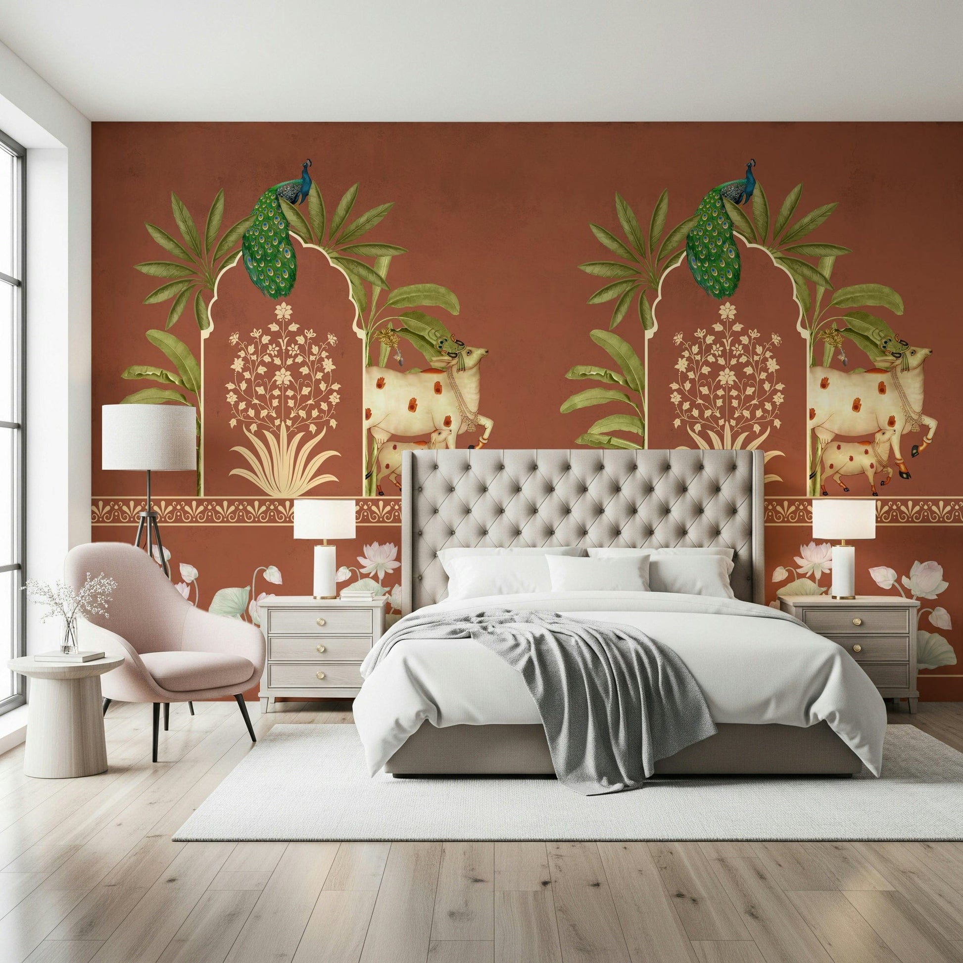 Traditional Indian pichwai style mural for dining room, lotus and temple motifs in deep color palette