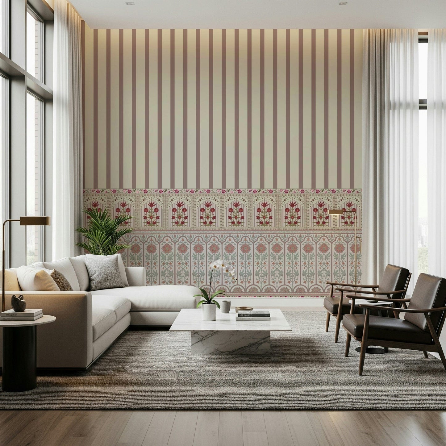 Vertical floral stripes with classic bloom patterns for high-end wall decor.