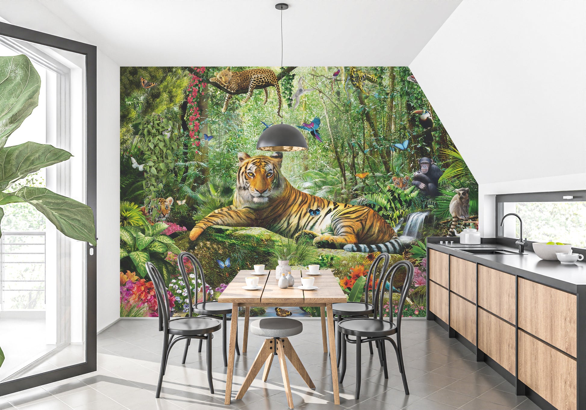 Royal Tiger View Of Jungle wallpaper mural styled along a hallway feature wall near a console in green tones