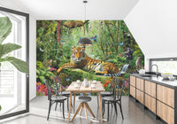Royal Tiger View Of Jungle wallpaper mural styled along a hallway feature wall near a console in green tones
