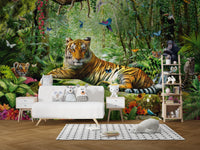 Royal Tiger View Of Jungle wallpaper mural as a feature wall in a home office workspace in green tones