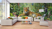 Royal Tiger View Of Jungle wallpaper mural styled as a feature wall behind a dining table and chairs in green tones