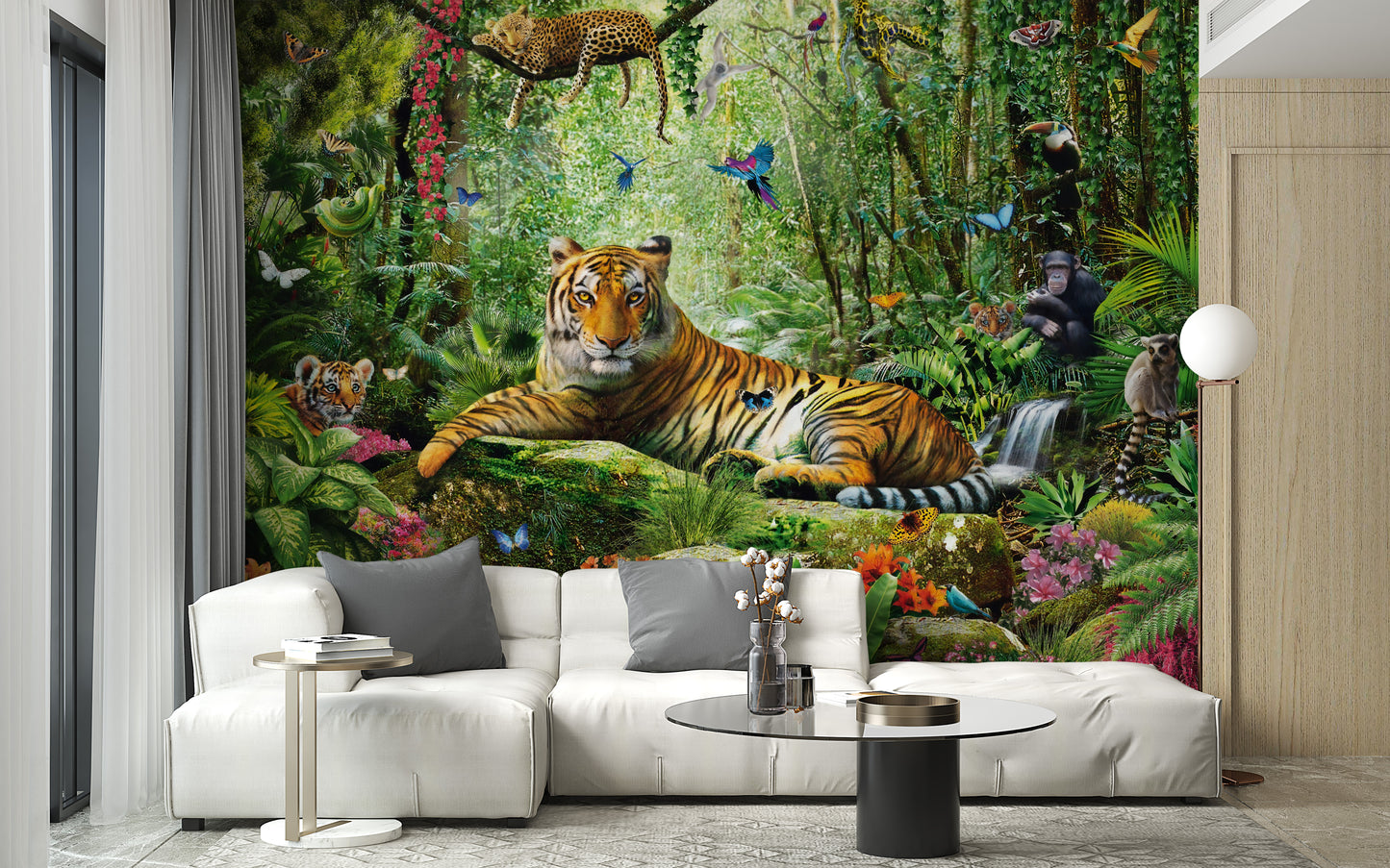 Royal Tiger View Of Jungle wallpaper mural as a bedroom feature wall behind the headboard in green tones