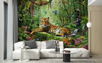 Royal Tiger View Of Jungle wallpaper mural as a bedroom feature wall behind the headboard in green tones