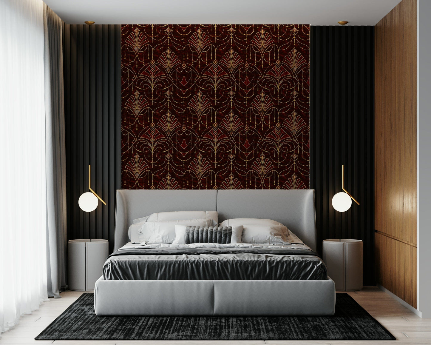 Ruby Deco Radiance wallpaper creating a striking, sophisticated accent wall.