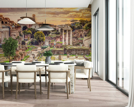 Ruins of the Roman Forum wallpaper mural at sunset behind a white dining table and chairs by tall windows