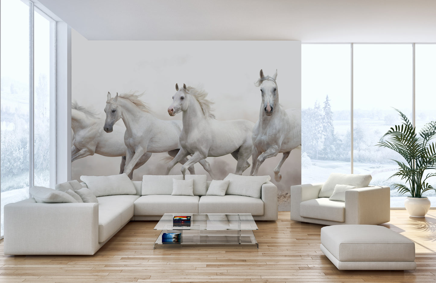 Running Horses wallpaper mural shown as a full feature wall that highlights the design