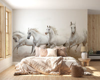 Running Horses wallpaper mural styled along a hallway feature wall near a console in white tones