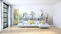 Running Horses wallpaper mural as a feature wall in a home office workspace in white tones