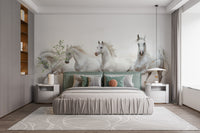Running Horses wallpaper mural styled as a feature wall behind a dining table and chairs in white tones