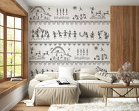 Folk-style rural wall mural with repeating village motifs
