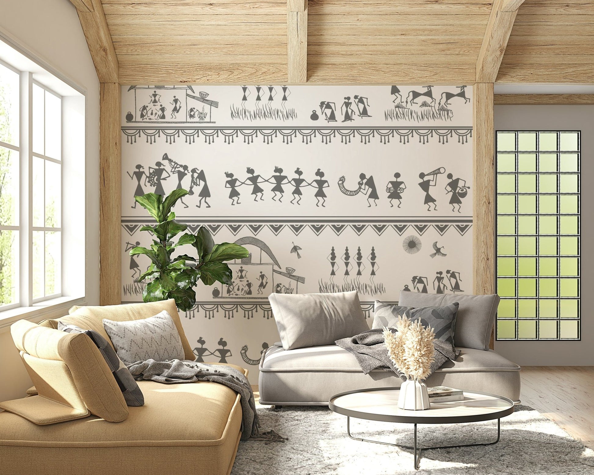 Hand-drawn rural figures and daily life wall mural design