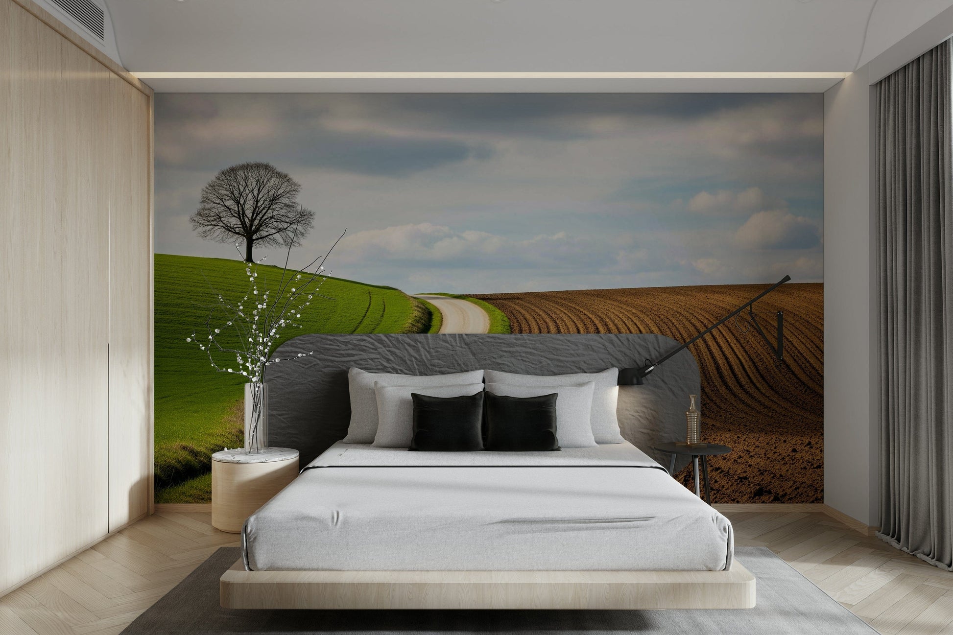 A living room featuring the rural curve wall mural.