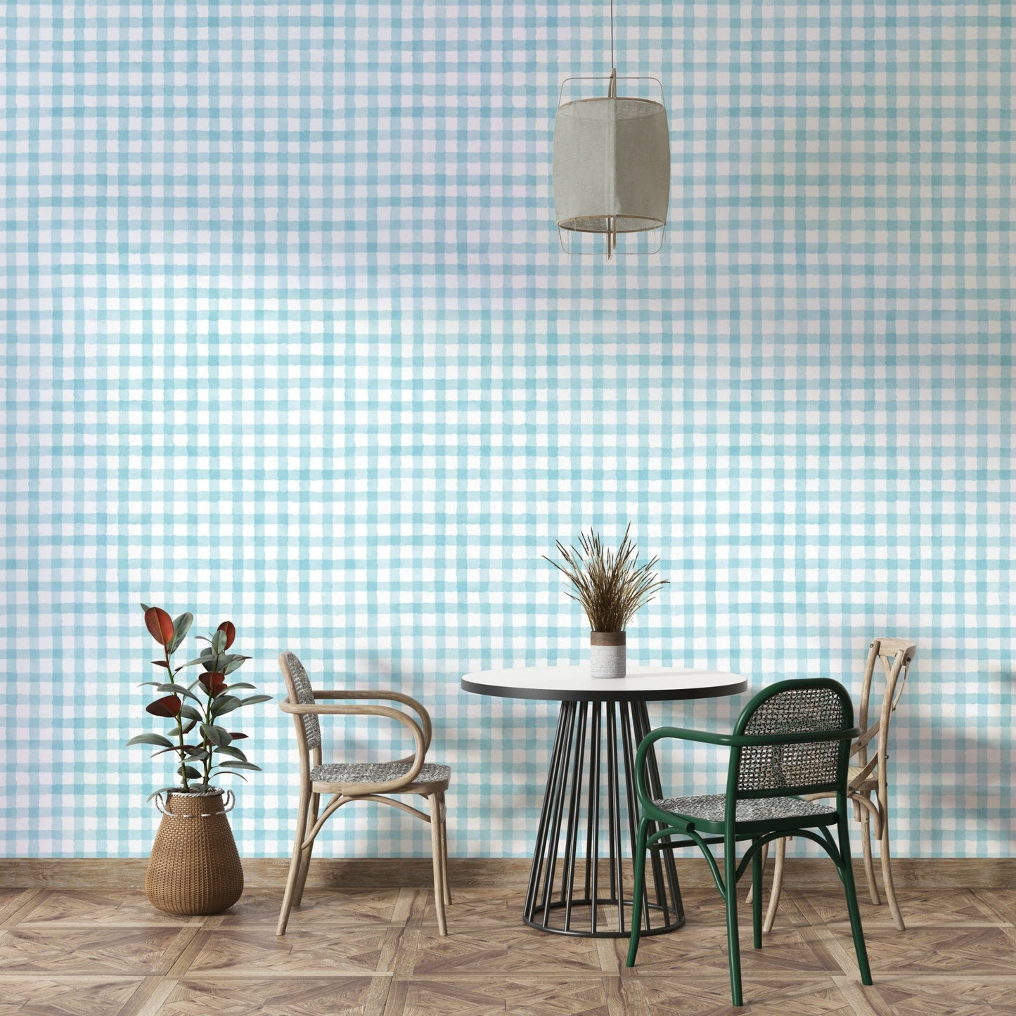 Farmhouse checkered wallpaper in soft blue
