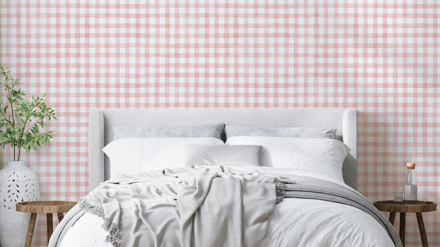 Rustic baby pink gingham wallpaper design
