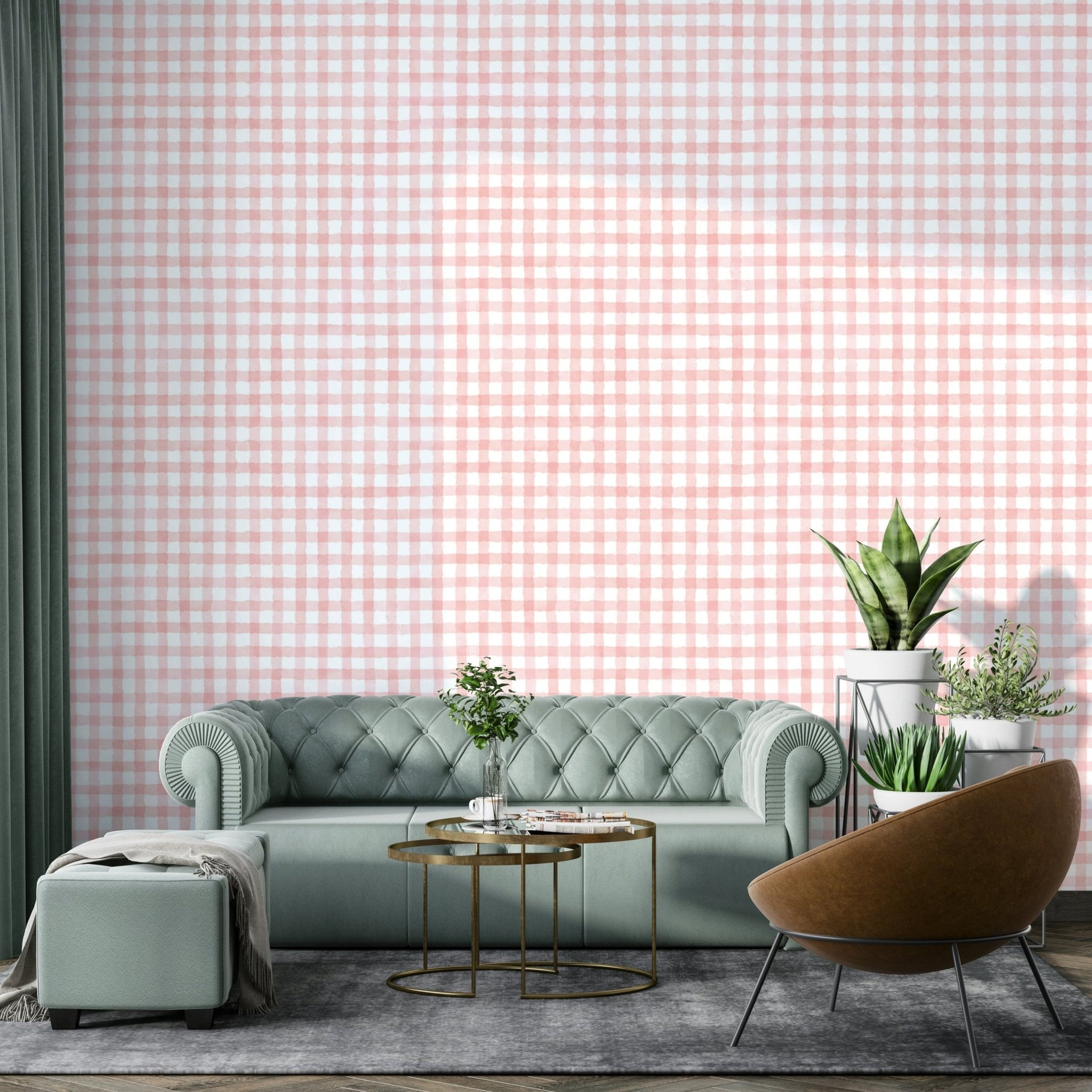 Farmhouse-style checkered wallpaper in pink
