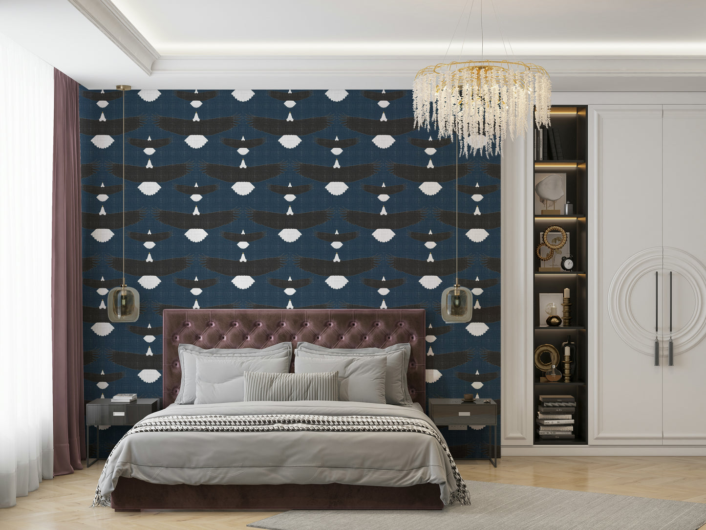 Blue wallpaper featuring bald eagles in mid-flight

